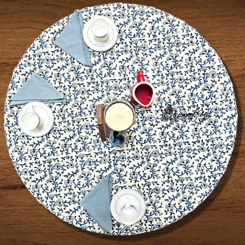 Block Printed Cotton Floral Tablecloth Collection - 72-in Round