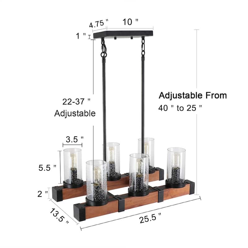 Anmytek Modern Farmhouse 6-Light Wood Black Chandelier Linear Kitchen Island Lights with Cylinder Glass