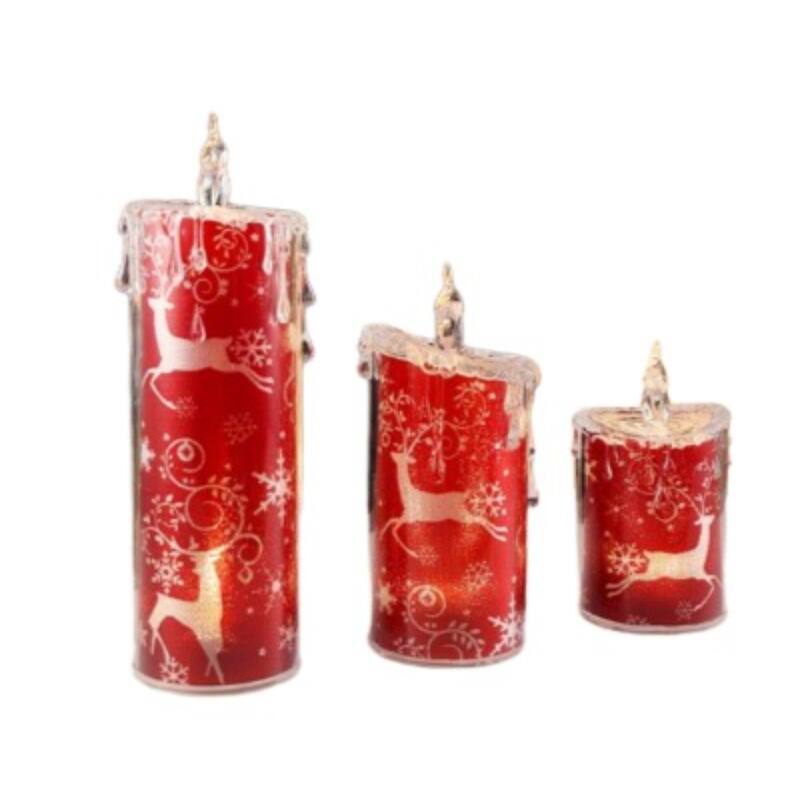 3-Piece Reindeer Snowflake LED Flameless Candle Lights 9.5" Red Clear