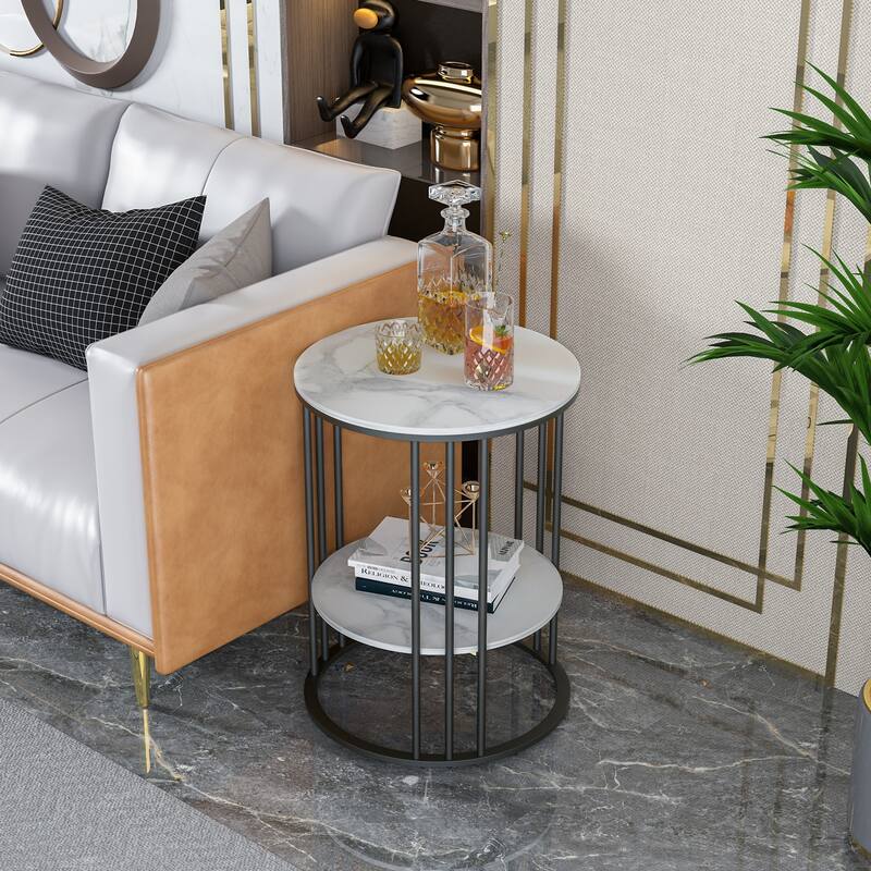End Table 2-Tier Round Side Accent Table with Sintered Stone Tabletop - 15.7x15.7x21.3 inch