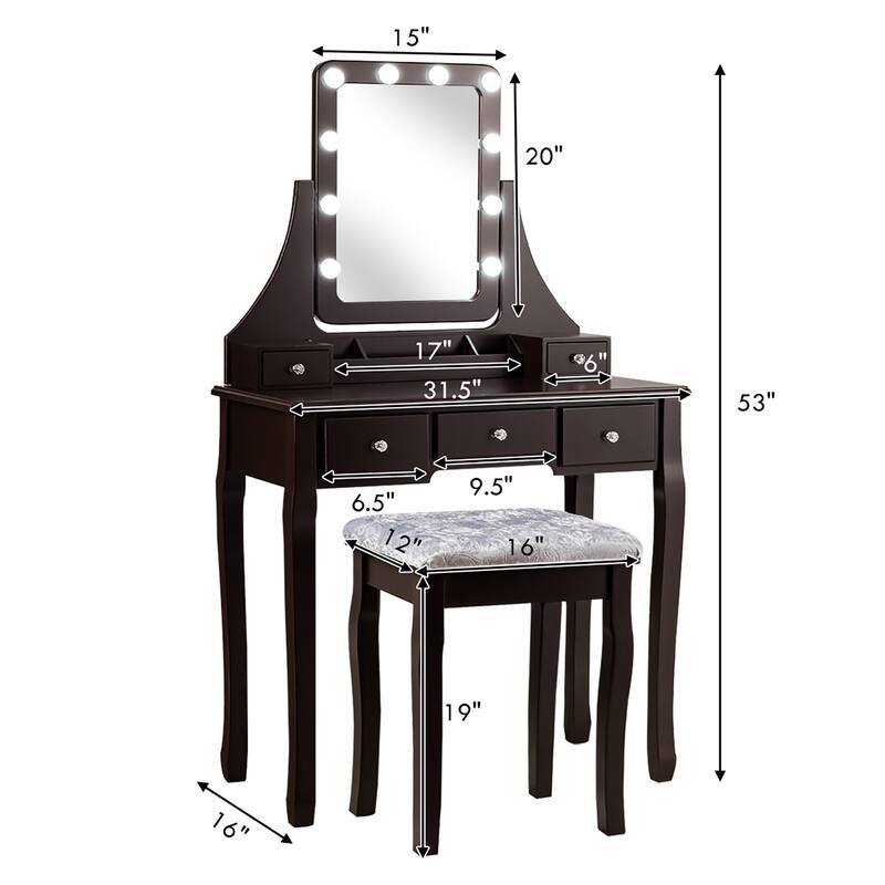 Costway Vanity Dressing Table Set w/ 10 Dimmable Bulbs Touch Switch