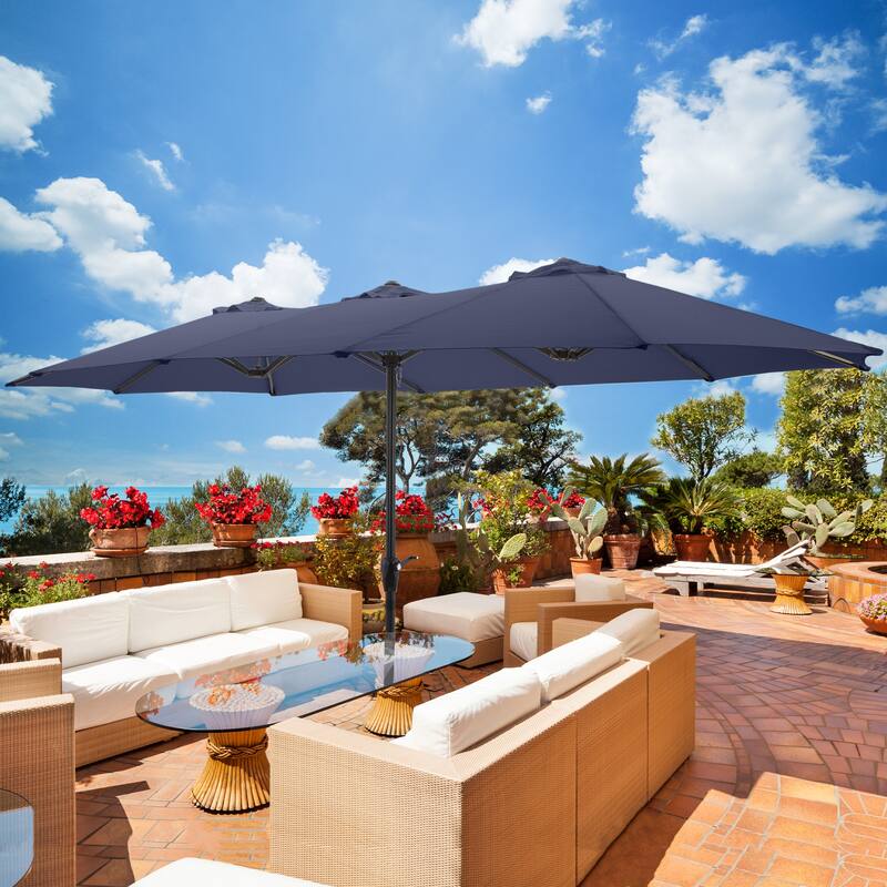 Extra Large Outdoor Umbrella - 15 Ft Double Patio Shade with Easy Hand Crank by Pure Garden (Navy) - Navy Blue