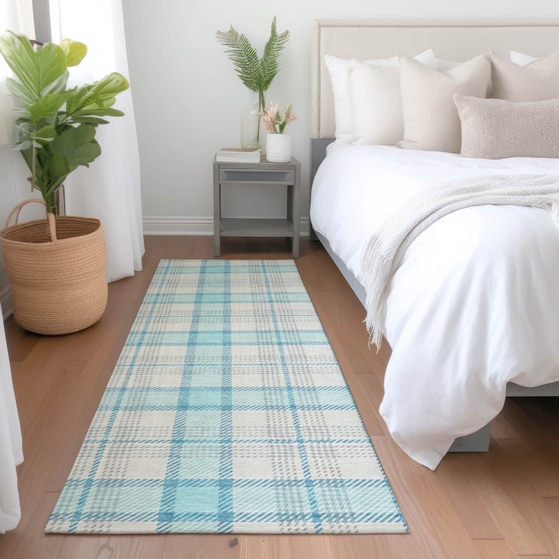 Machine Washable Indoor/ Outdoor Casual Plaid Chantille Rug - Aqua - 2'3" x 7'6"