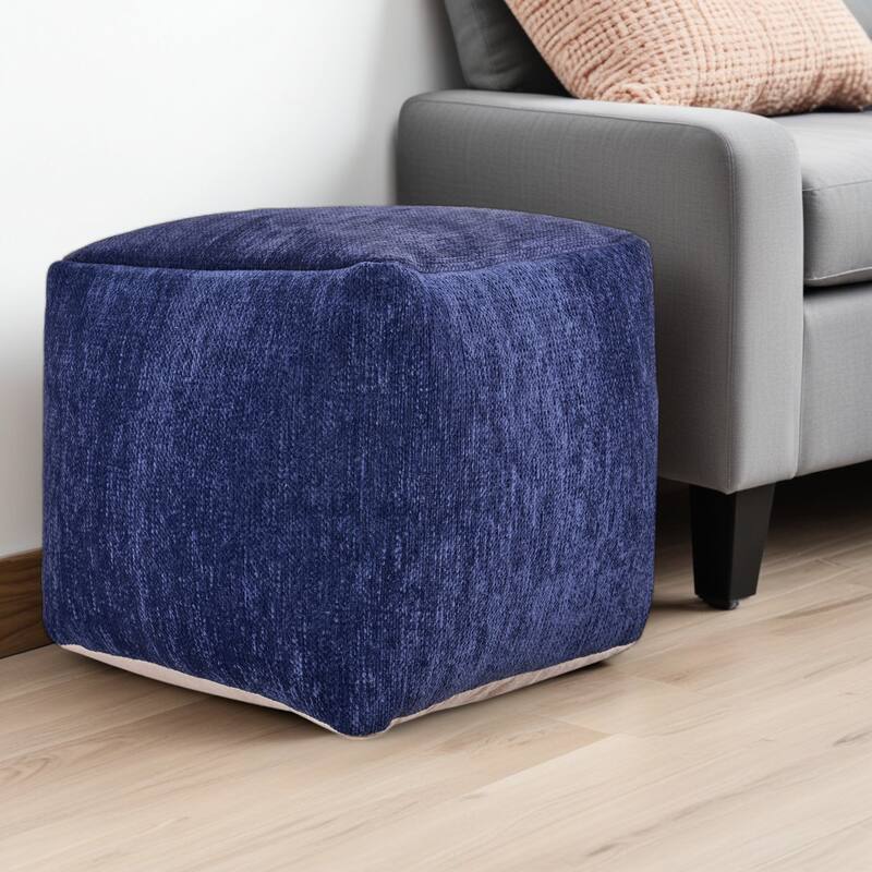 HomeRoots 18" Blue Chenille Cube Pouf Ottoman