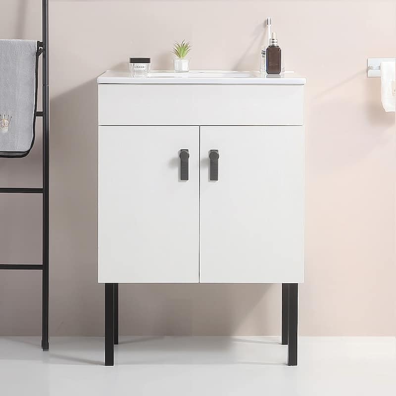 Bathroom Vanity with Metal Leg, White Ceramic Basin & 2 Soft Close Doors - White - 24" L
