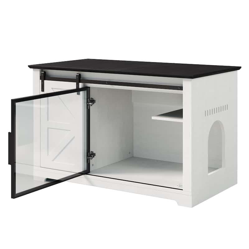 46" Farmhouse Cat Litter Box Enclosure with Sliding Barn Door, Large Hidden Acrylic Door Cat Cabienet with LED Light