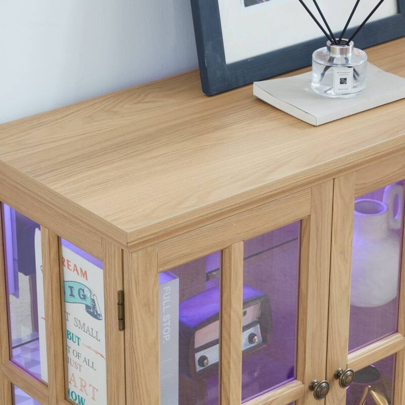 LED Antique Glass Curio Display Cabinet Showcase with 4 Lattice Doors