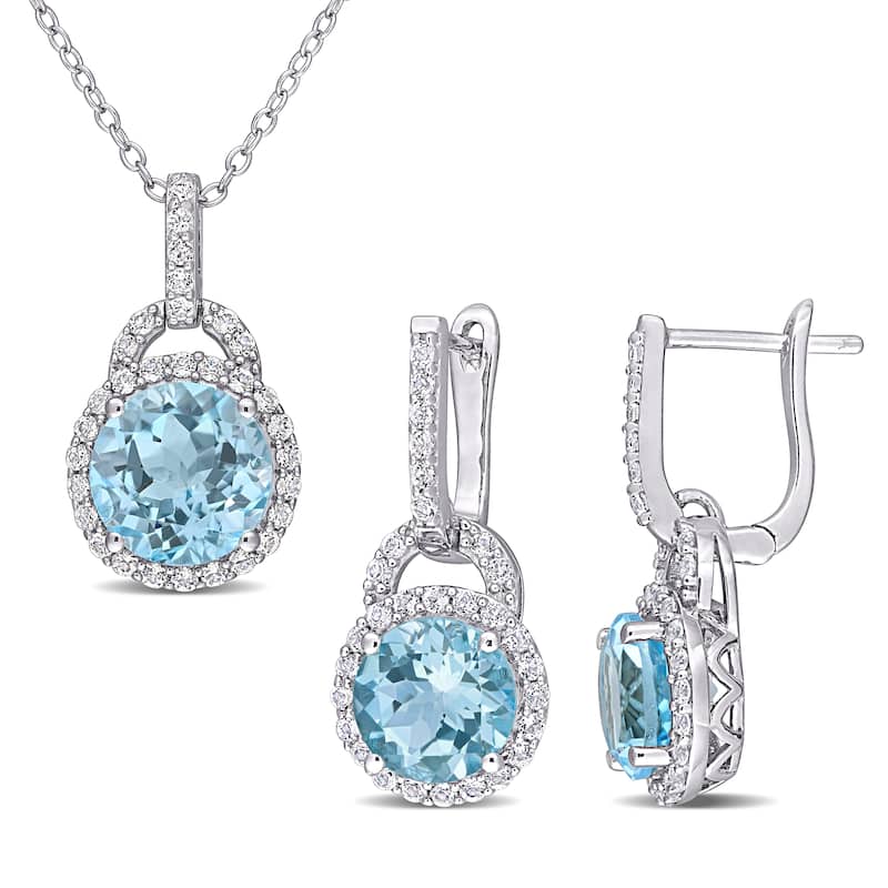 Miadora Sky Blue Topaz and White Topaz Two Piece Halo Necklace and Earrings Set in Sterling Silver