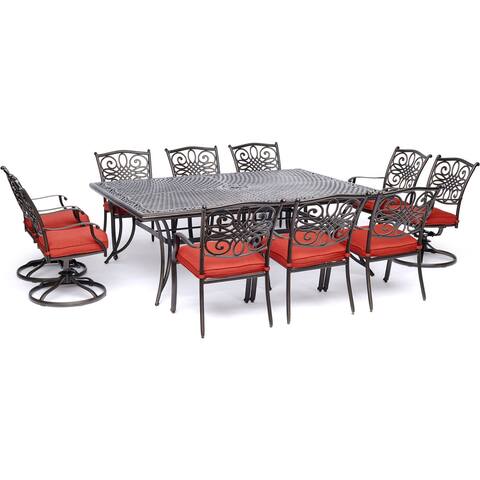 Hanover Traditions 11-Piece Dining Set in Red with Four Swivel Rockers, Six Dining Chairs, and an Extra-Long Dining Table