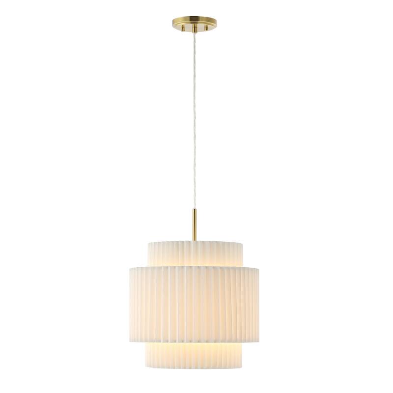 Calix 14.5" 1-Light Vintage Mid-Century Iron LED Pendant with Pleated Shade, Brass Gold/White by JONATHAN Y - Brass Gold