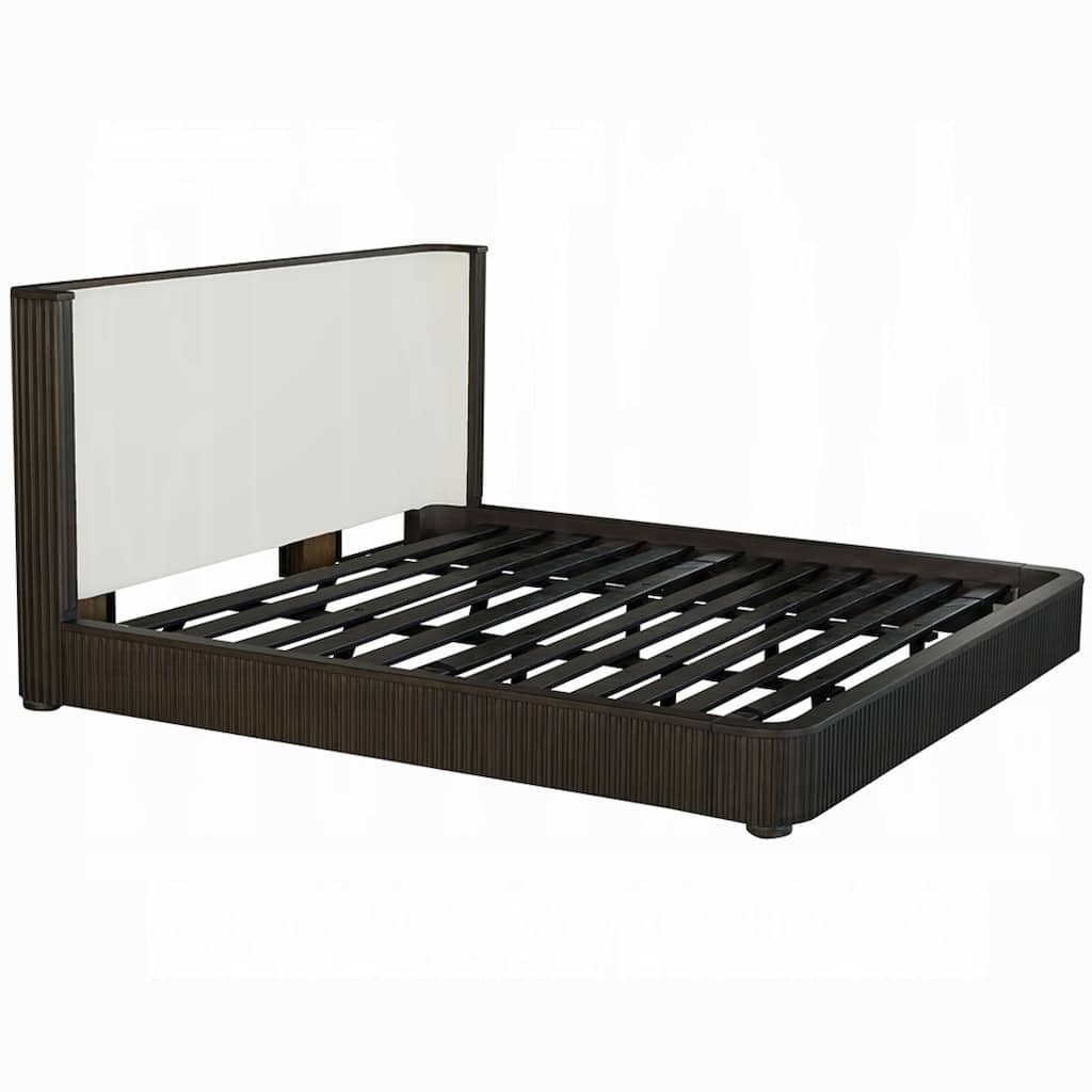 Jeh Queen Size Bed, White Upholstered, Espresso Brown Ribbed Details