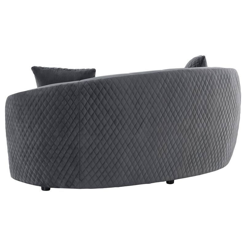Buo Curved Loveseat, 73 Inch Dark Gray Polyester, Gold Trim, 2 Pillows