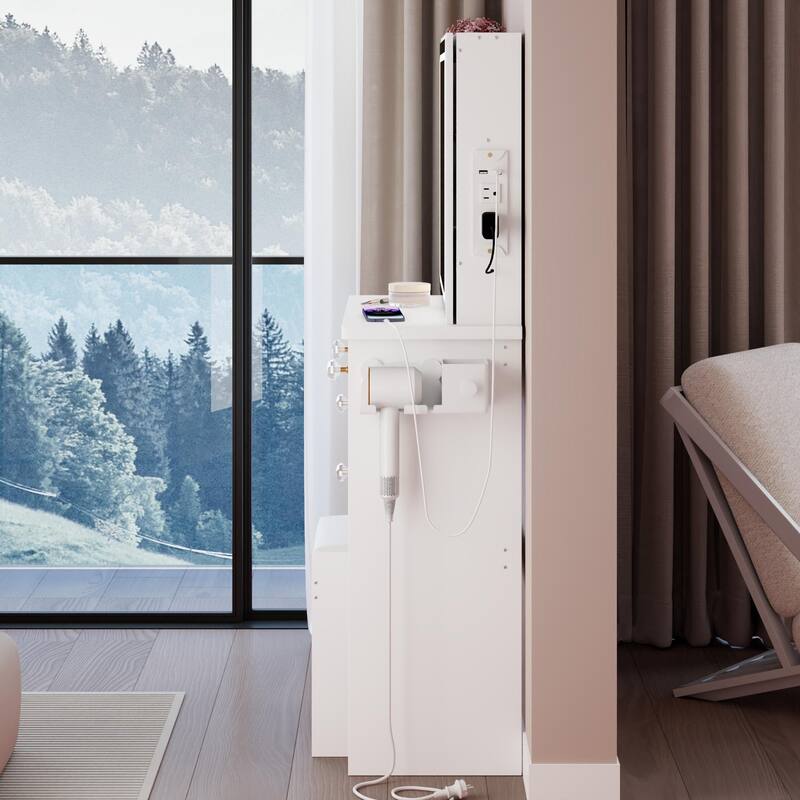 37" Middle Size Left Bedside Cabinet Vanity Table + Cushioned Stool Dresser Set, 2 AC+2 USB Socket, Hair Dryer Stand