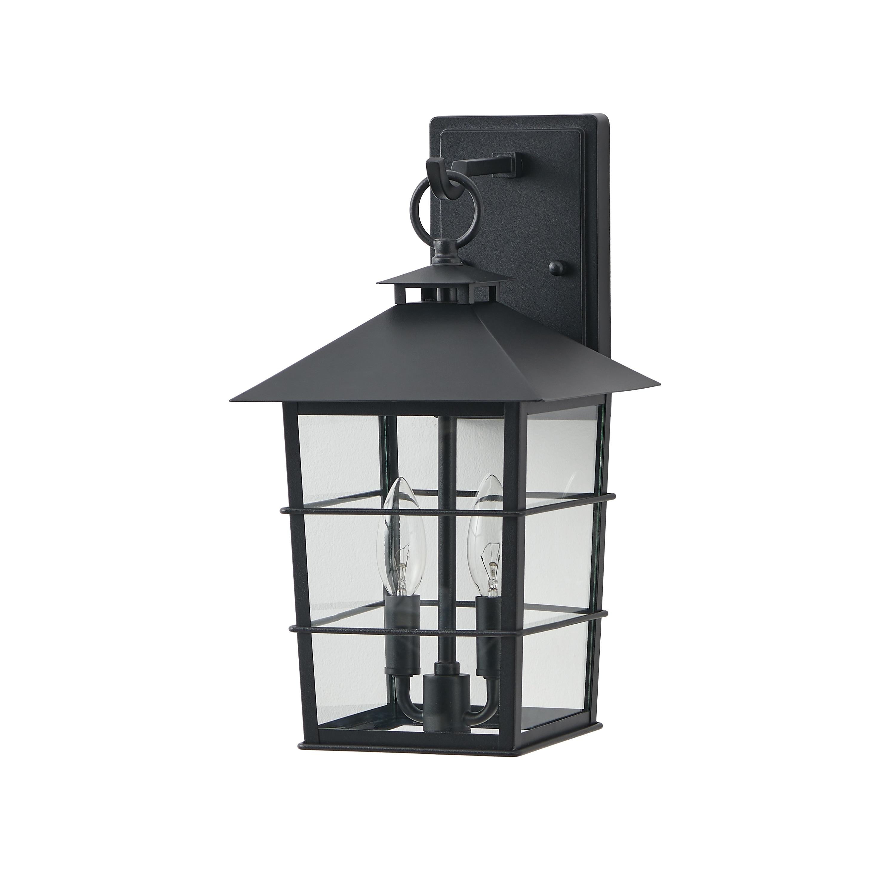 KAWOTI 2-Light Sandy Black Hardwired Outdoor Wall Lantern Sconce with Clear Tempered Glass - W8.25" * E9.25" * H15.5"