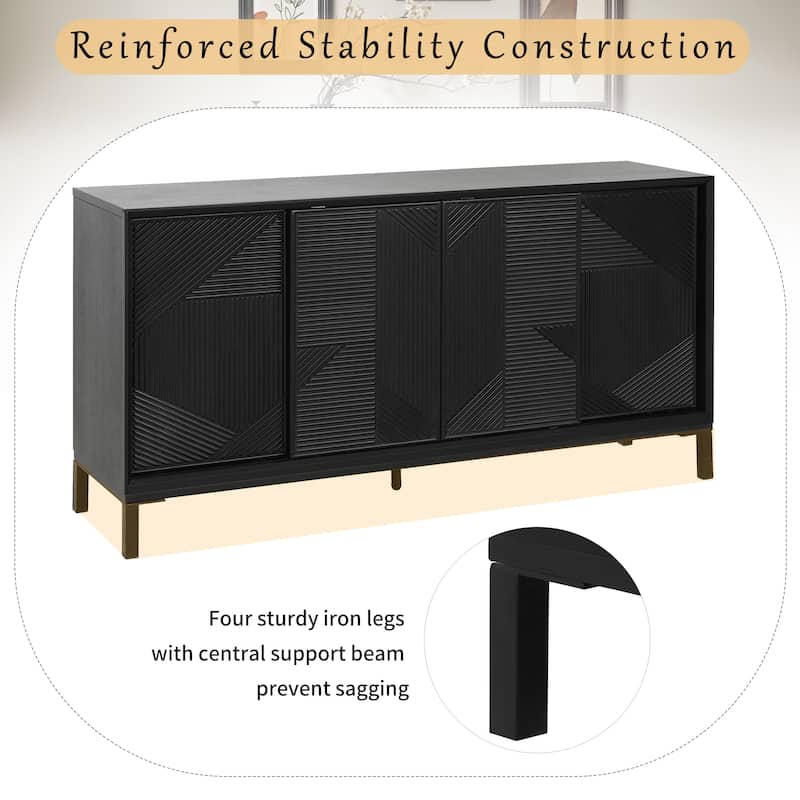 Modern Wood Geometric Accent Cabinet, 60" Vertical Striped Entryway Console Table with 4 Sliding Doors and 2 Drawers