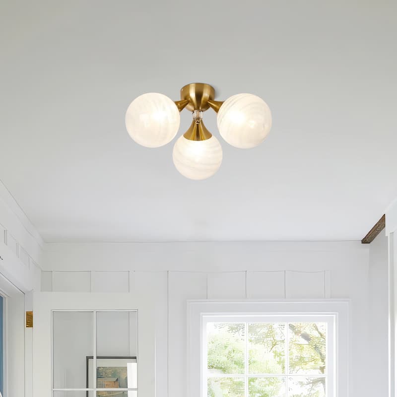 3-Light Stylish Triple White Bubble Glass Shaded Semi-Flush Mount Lamp