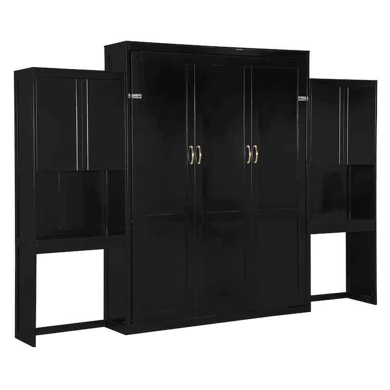 Queen Size Murphy Bed with Desk, Vanity, and Cabinets in Espresso