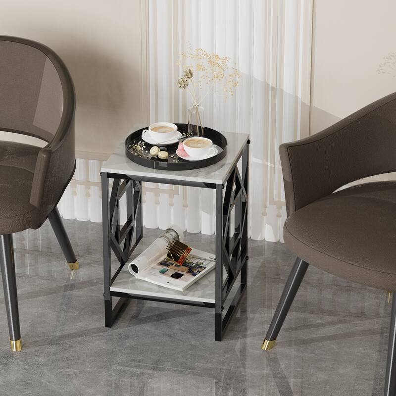 Metal Geometric-Base 2-Tier Sintered Stone End Side Table