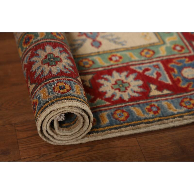 Geometric Kazak Foyer Rug Hand-Knotted Beige Wool Carpet - 2'9"x 3'11"