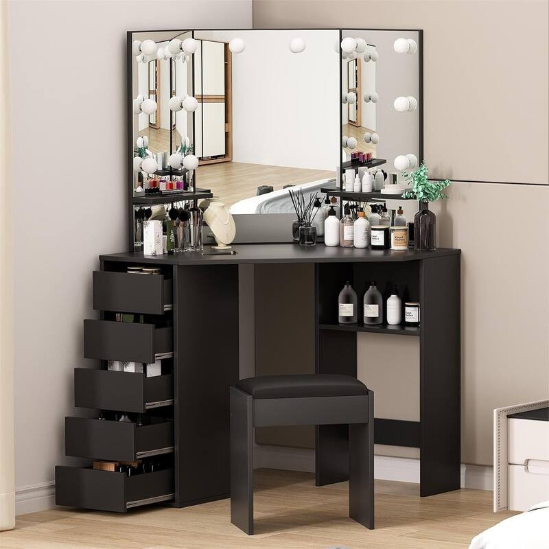 Vanity Desk with Mirror and Lights, Corner Makeup Vanity Desk