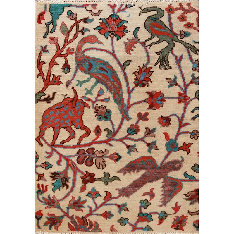 Traditional Kazak Oriental Foyer Rug Hand-Knotted Beige Wool Carpet - 2'0"x 3'0"