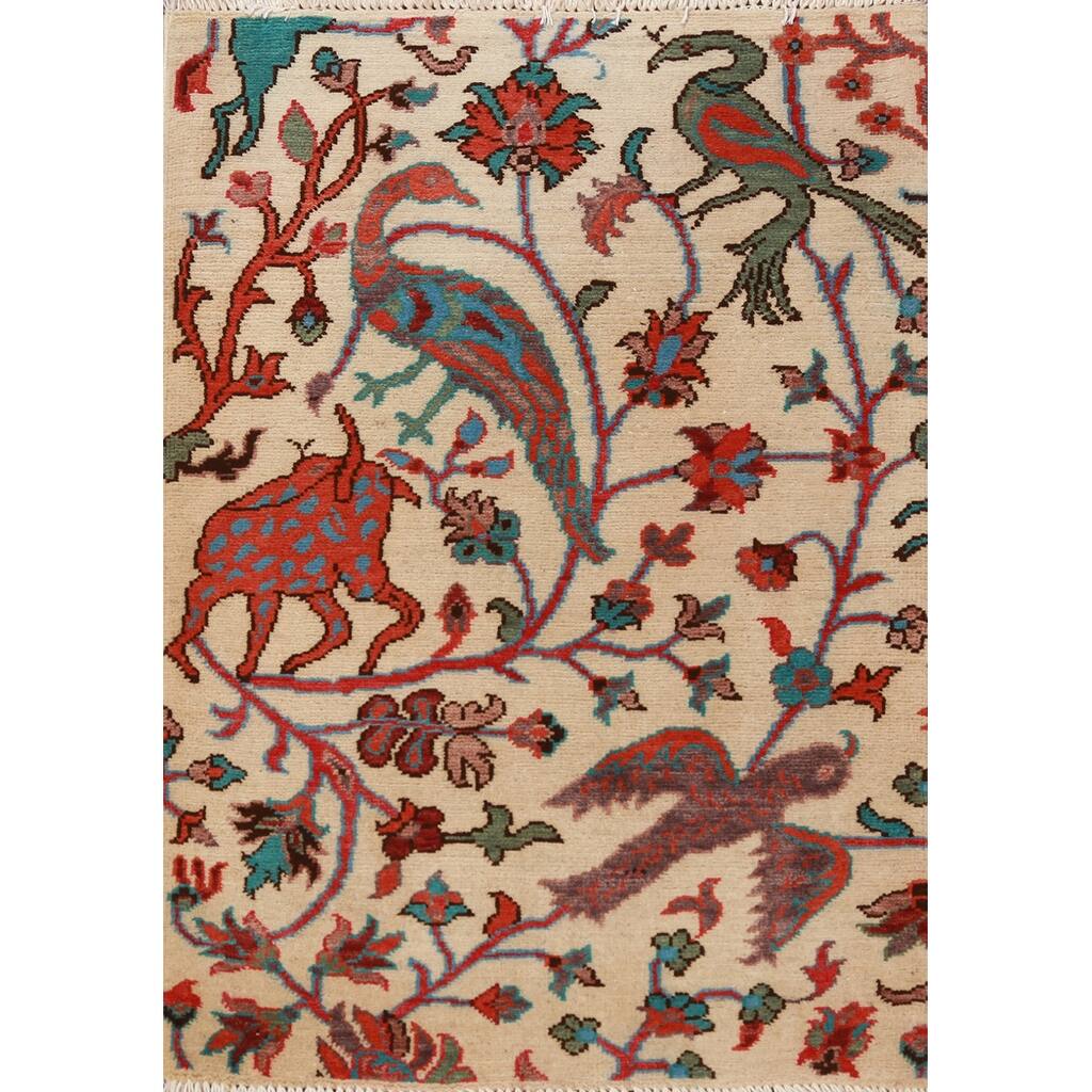 Traditional Kazak Oriental Foyer Rug Hand-Knotted Beige Wool Carpet - 2'0"x 3'0"