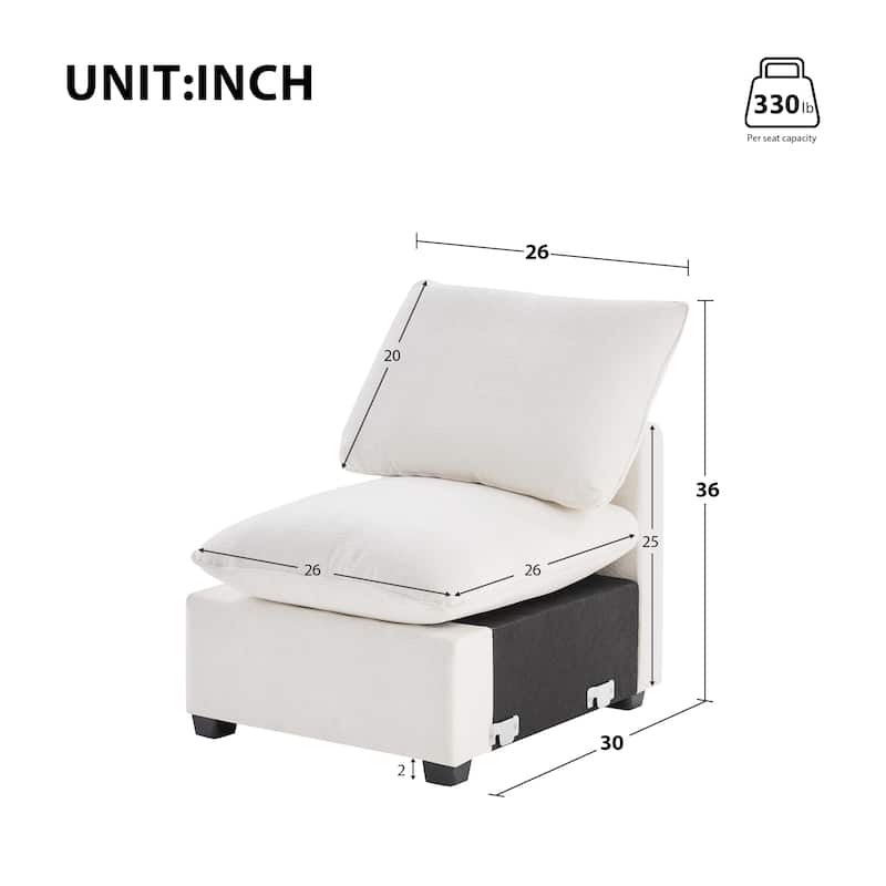 30x26" Single Seat Modular Sofa, White Chenille, Flexible, Pure Foam Cushion