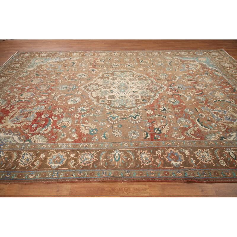 Hand Knotted Oriental 100% Wool Carpet Traditional Floral Brown Mashad Area Rug - 12' 1'' X 8' 10''
