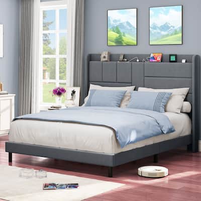 Moasis Queen Size Linen Bed Frame with Shelving Headboard