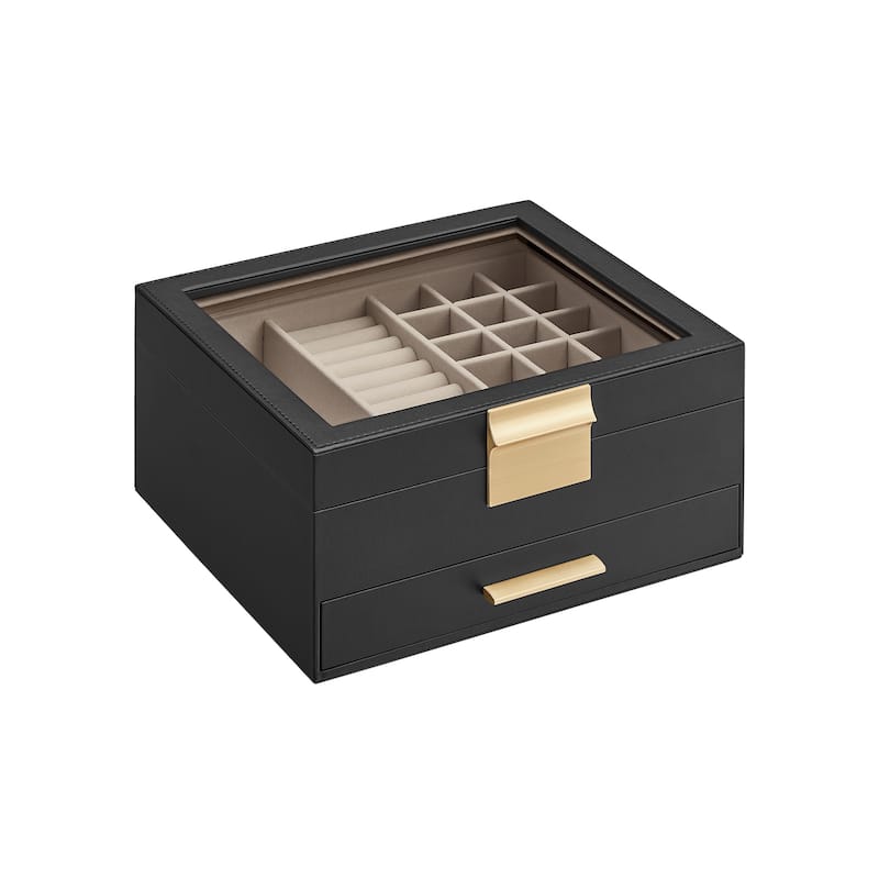 Modern Jewelry Organizer with Multiple Drawers Glass Top and Velvet Interior for Storage - 2- Layer - Graphite-Black-Gold 