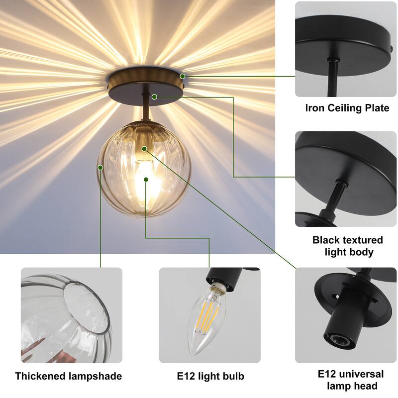 Modern Single Semi Flush Ceiling Light with Metal Base & Ribbed Gray Glass Globe Shade