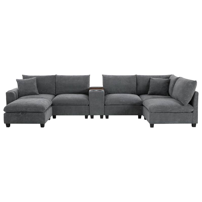 140" Corduroy U-Shaped Modular Sectional Sofa with Storage & USB