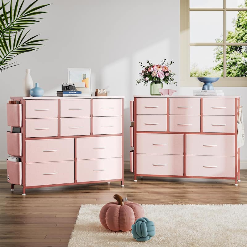 Fabric 10 Drawer Dresser for Bedroom, Metal Frame Storage Organizer Chest with Side Pockets, Hooks