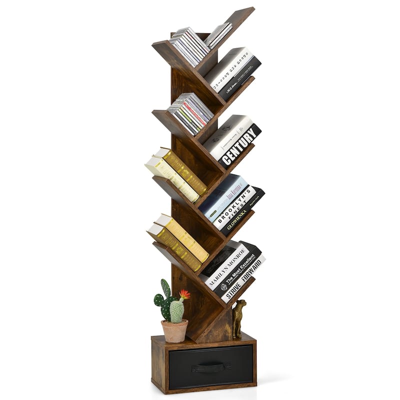 59" Tall Tree Design Bookshelf with 10 Open Shelves and Fabric Drawer for Small Spaces - 15'' x 8.5'' x 59'' (L x W x H) - Rustic Brown