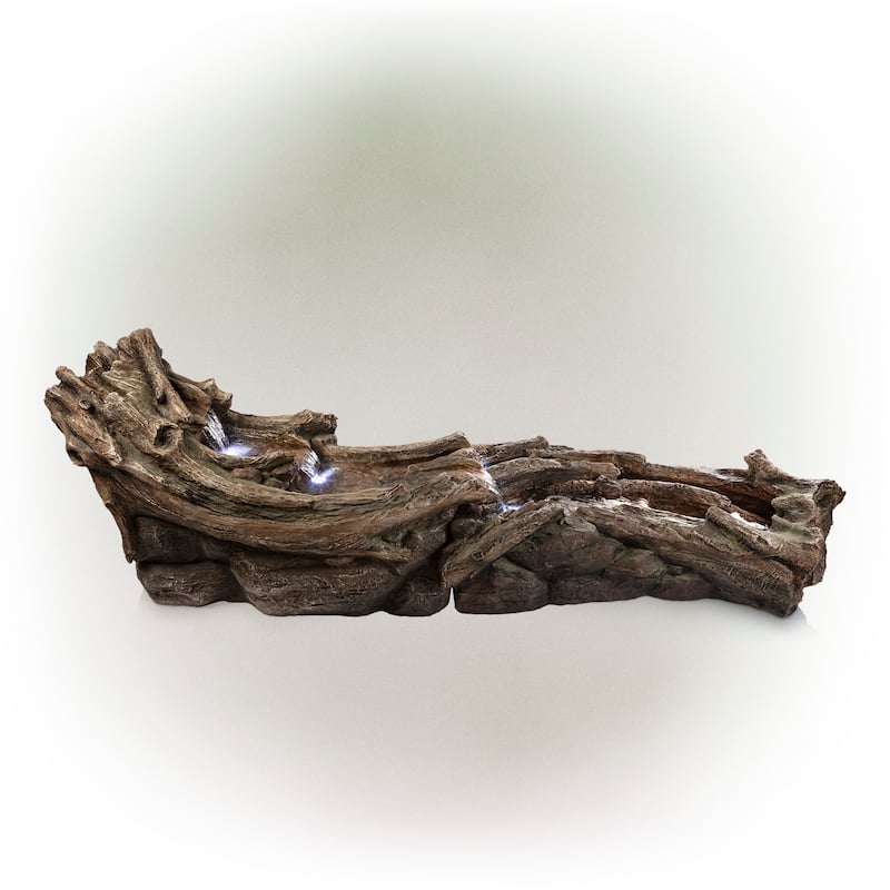 Alpine Corporation TZL242 80" Brown and Gray Indoor Outdoor Wood River Log Water Fountain with LED Lights