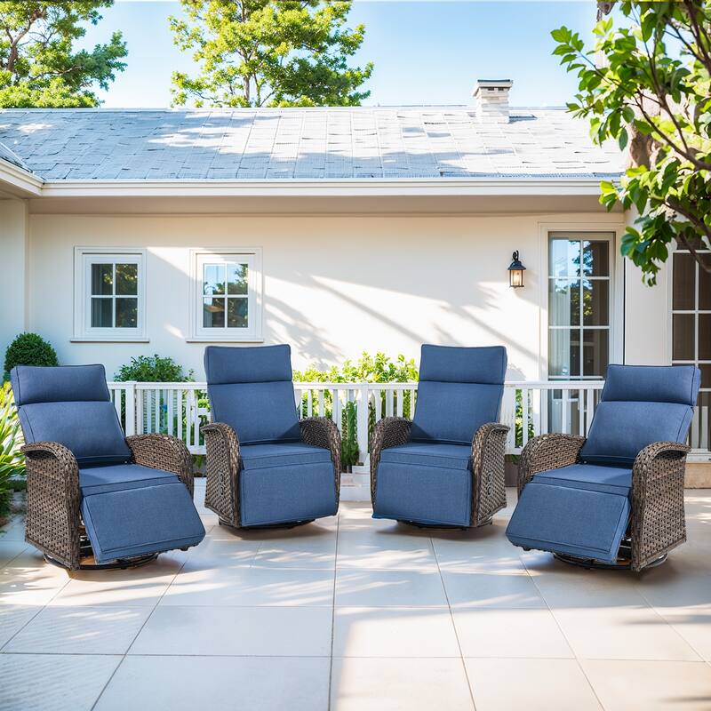 Pocassy Lounge Chair Swivel Reclining Chair with Adjustable Backrest - Blue Cushion - Browm Wicker - 4-Piece Recliner Swivel Chair