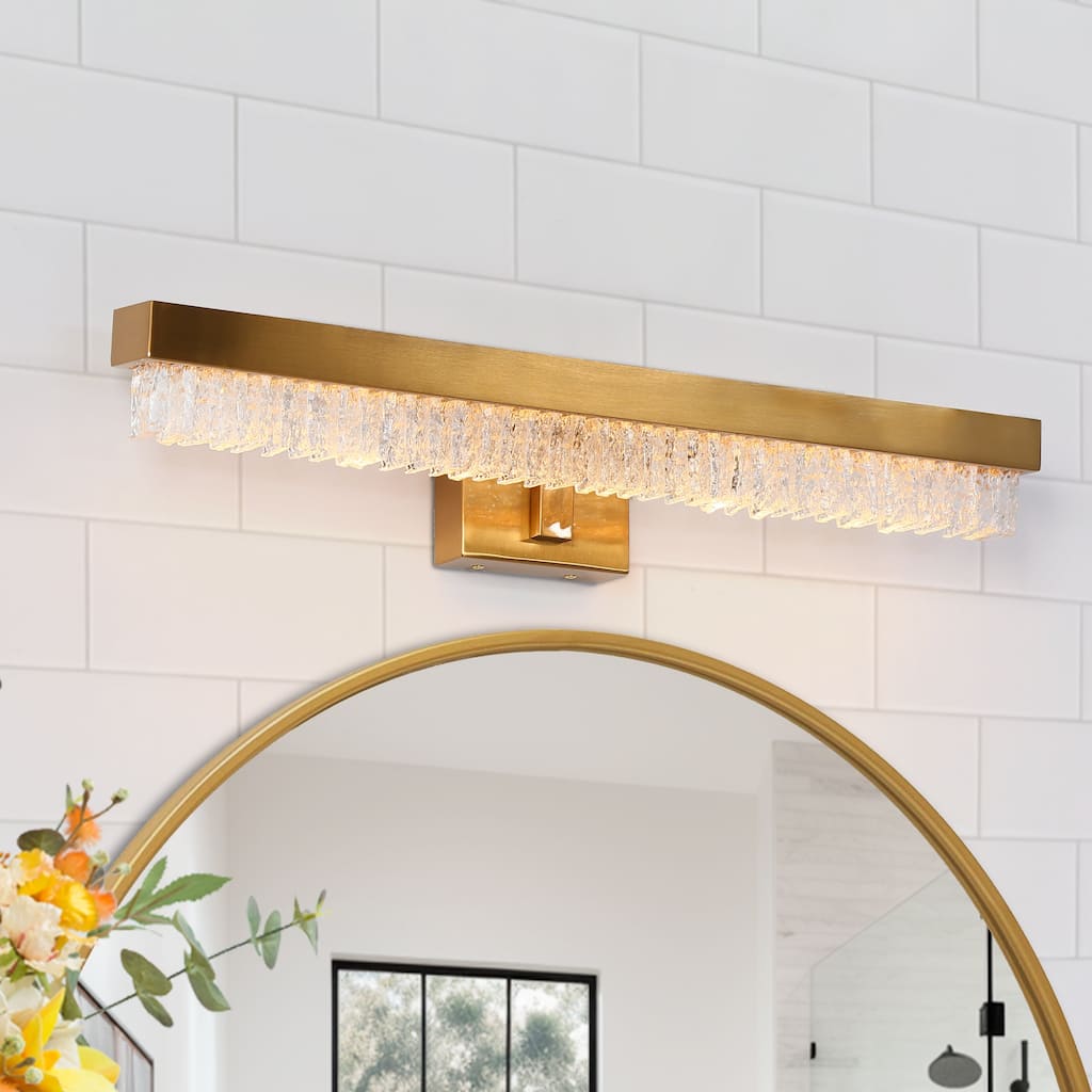 Modern Glam 1-Light LED Gold Bathroom Vanity Lights Textured Glass Wall Sconces - W 26" x H 4.9" x D 4.3"