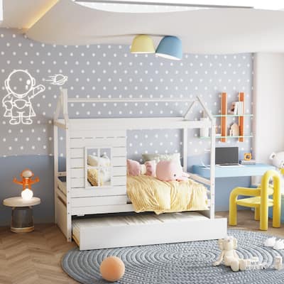 Twin Size Wood Kids Bed with Twin Size Trundle