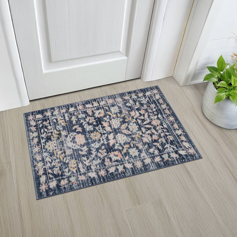 Crosswood Helen Traditional Floral Indoor Polyester Area Rug - 2' x 3' - Navy/Aqua