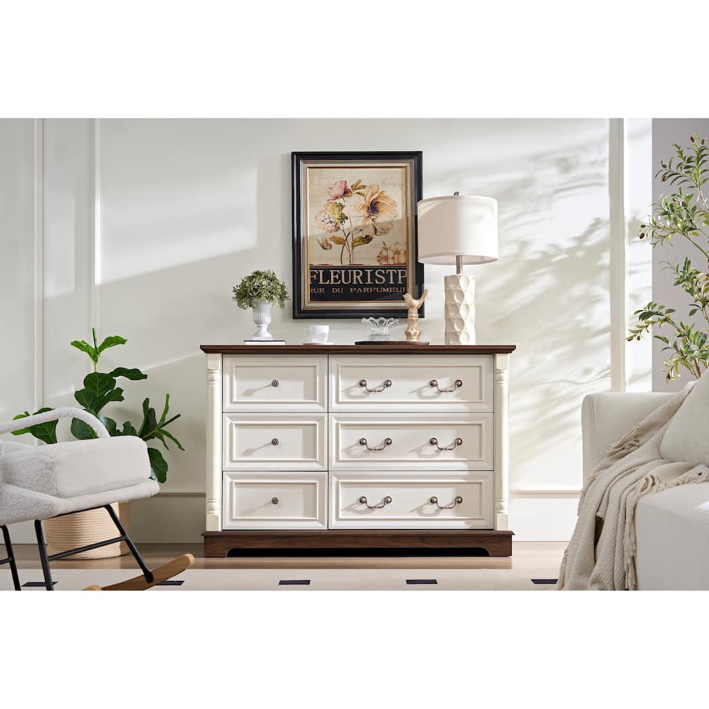 Anmytek Farmhouse 6 Drawer Wooden Dresser Rustic Storage Chest for Bedroom Living Room Sturdy Durable
