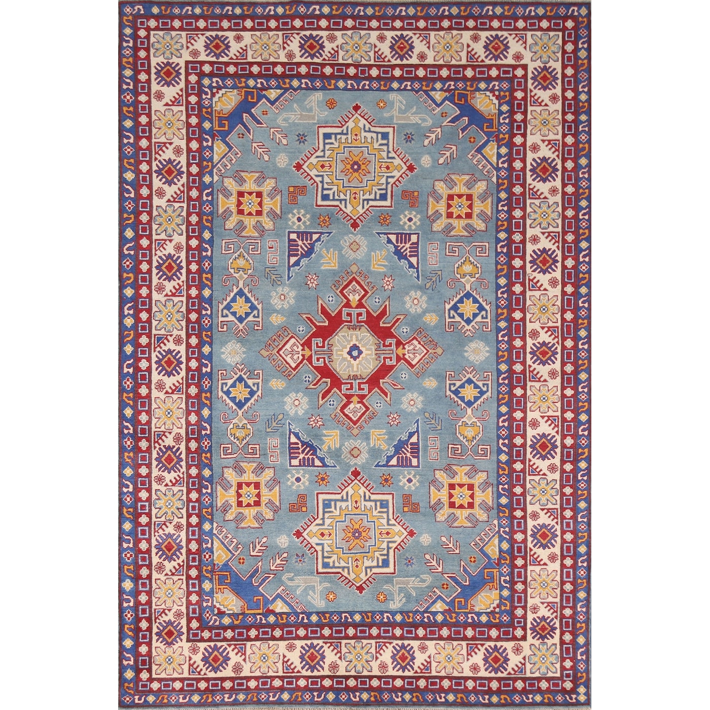 Hand Knotted Oriental 100% Wool Carpet Traditional Geometric Navy Blue & Blues Kazak Area Rug - 9' 8'' X 6' 7''