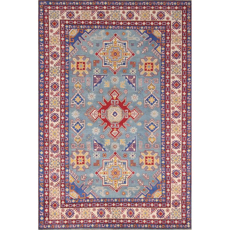 Hand Knotted Oriental 100% Wool Carpet Traditional Geometric Navy Blue & Blues Kazak Area Rug - 9' 8'' X 6' 7''