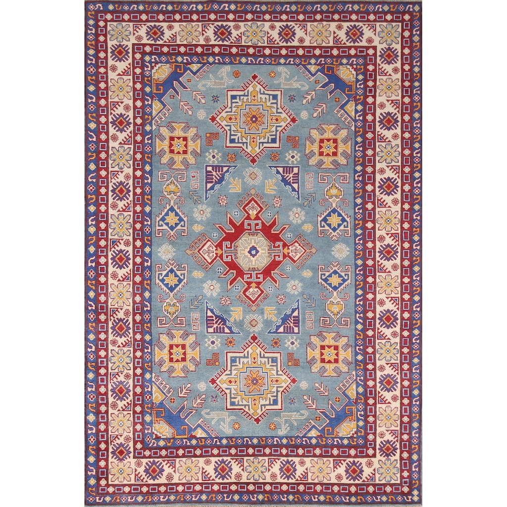 Hand Knotted Oriental 100% Wool Carpet Traditional Geometric Navy Blue & Blues Kazak Area Rug - 9' 8'' X 6' 7''