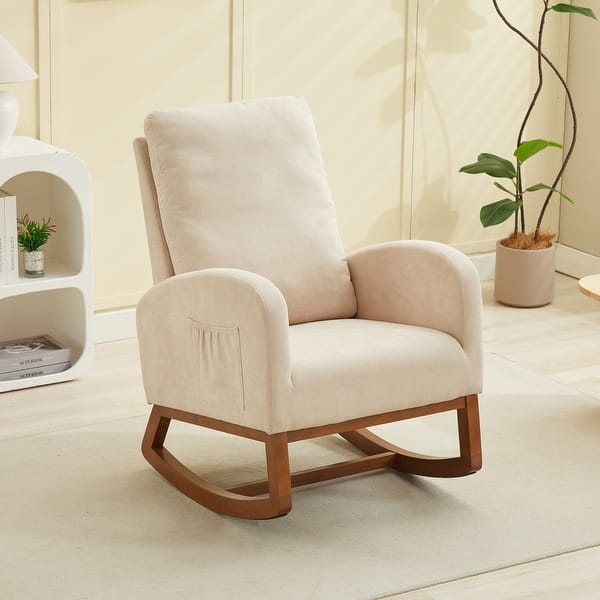 slide 2 of 10, Upholstered Rocking Chair Nursery Chair with High Back and Side Pocket Beige/Walnut Leg