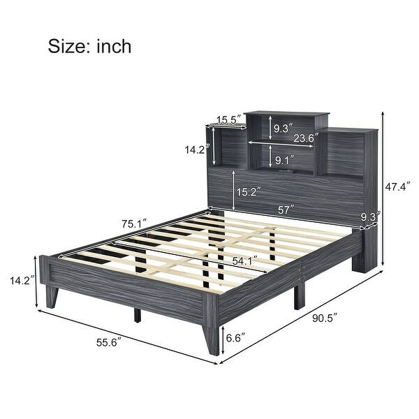 dimension image slide 1 of 2, Slats Platform Bed Storage Headboard Bed Frame Noise-Free Design with USB Charging & Center Support Legs, High Weight Capacity