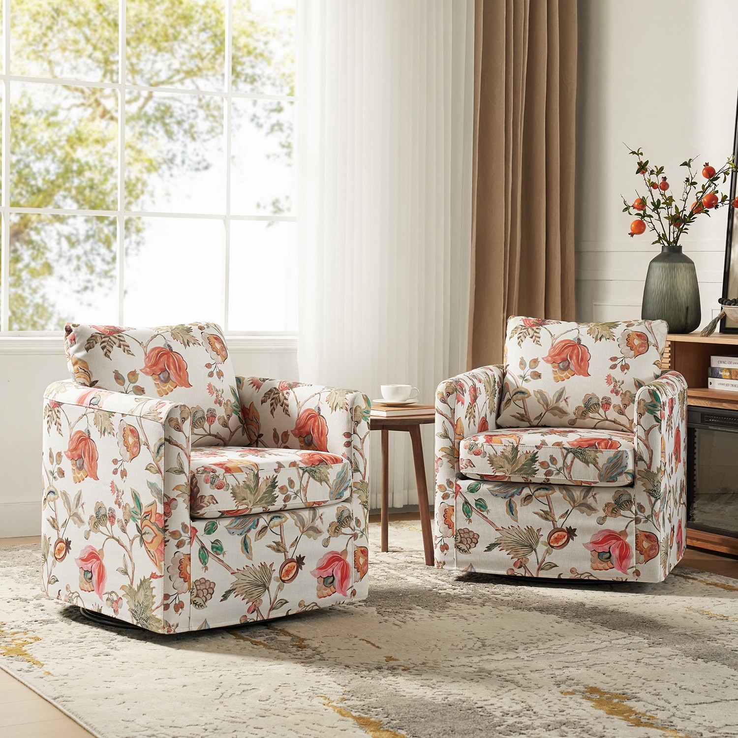 HULALA HOME Erkenbald Modern Slipcovered Swivel Chair with Reversible Cushion and Washable Cover Set of 2