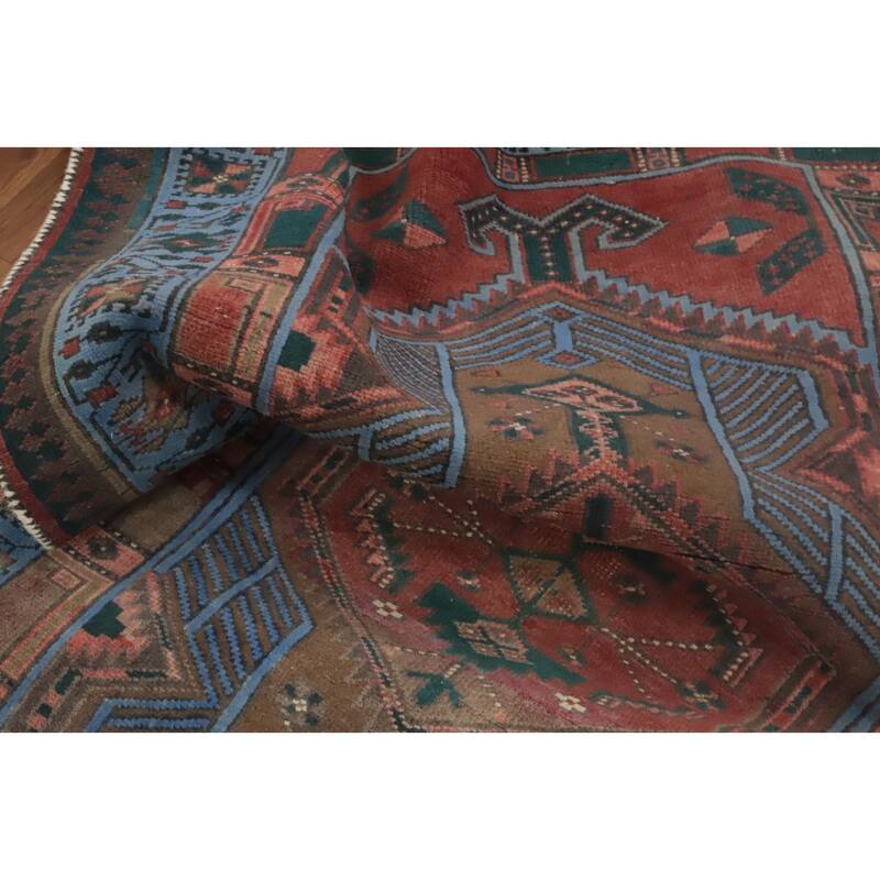 Hand Knotted Oriental 100% Wool Carpet Traditional Geometric Navy Blue & Blues Hamedan Runner Rug - 10' 6'' X 3' 3''