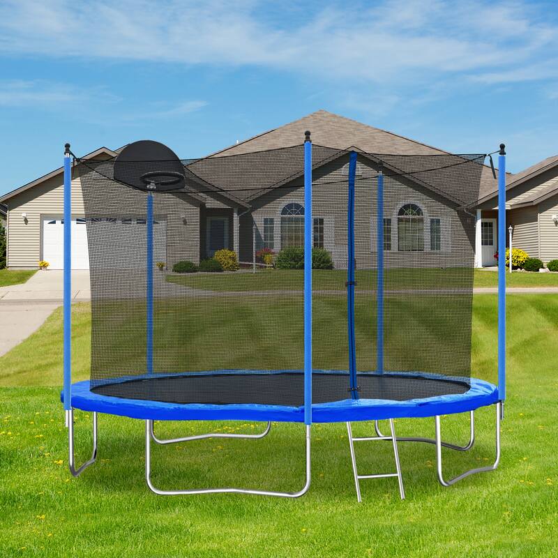 Recreational Trampoline - Basketball Hoop, Safety Enclosure Net, Ladder, Outdoor Use - Blue - 141.7