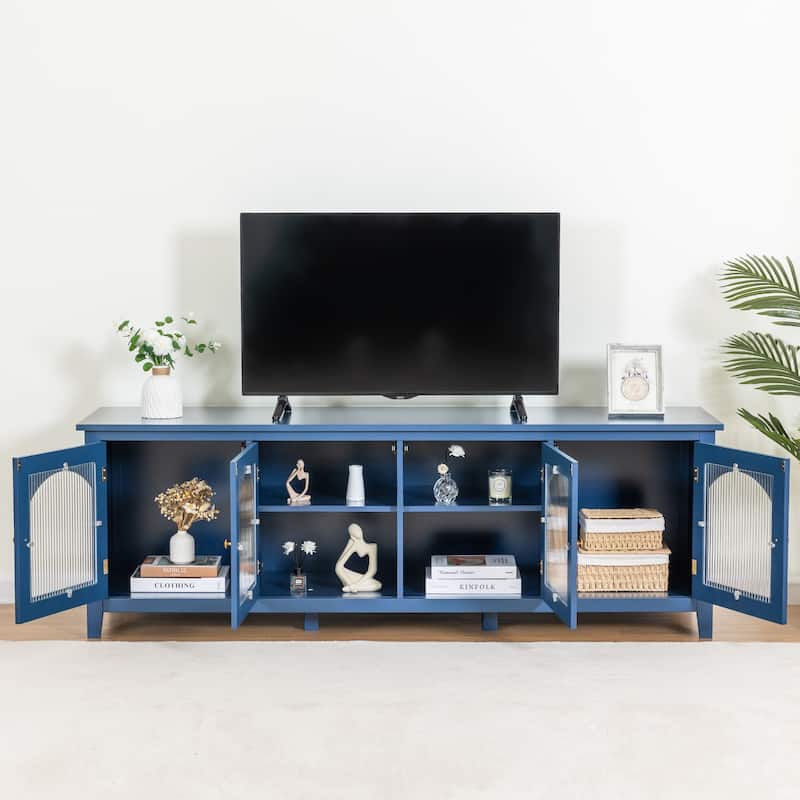Stylish TV Stand with 4 Glass Doors, TV Console Table Entertainment Center w/ Storage Shelves, Modern TV Cabinet for Living Room