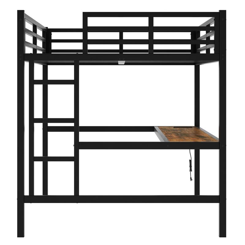 Metal Loft Bed with USB and LED Lights, Desk, and Power Outlet